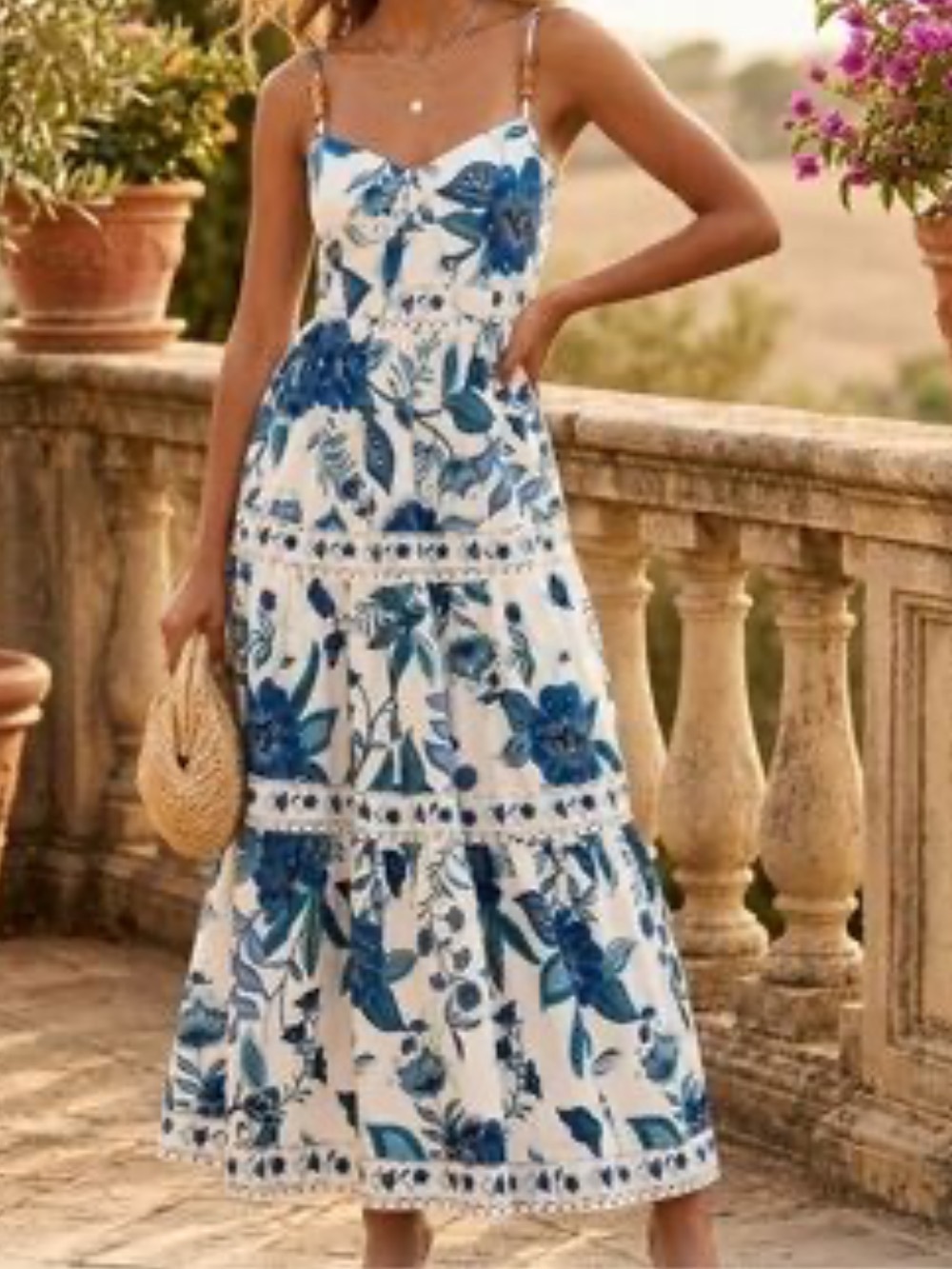 House of Harlow 1960 Blue linen blend Floral Tiered Maxi Dress